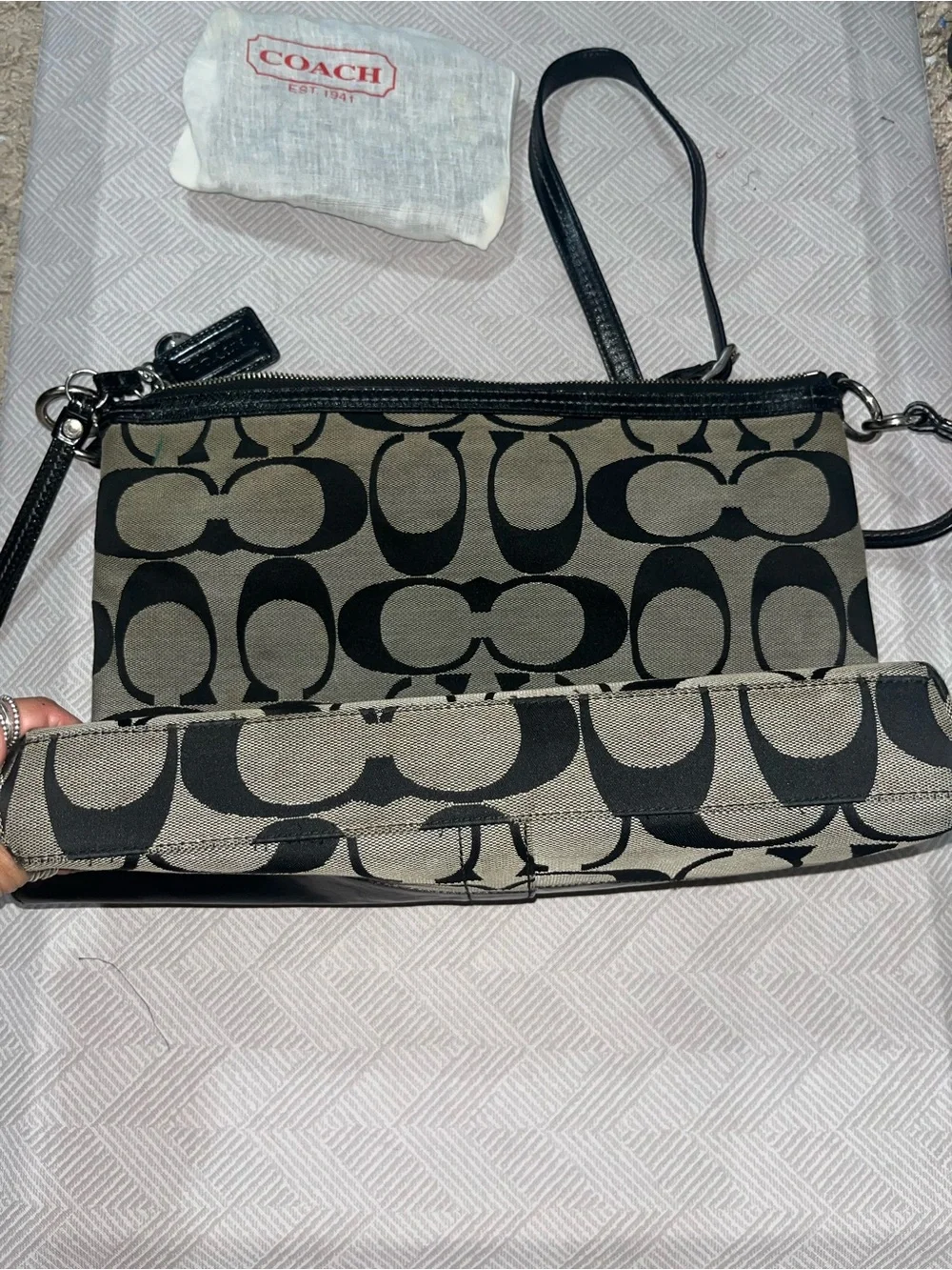 Coach Black & Beige Signature Canvas Shoulder Bag with Coin Pouch